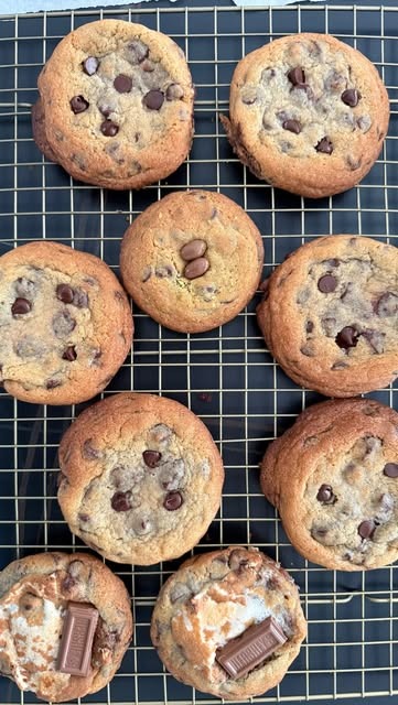 Chocolate chip cookies on a cooling rack